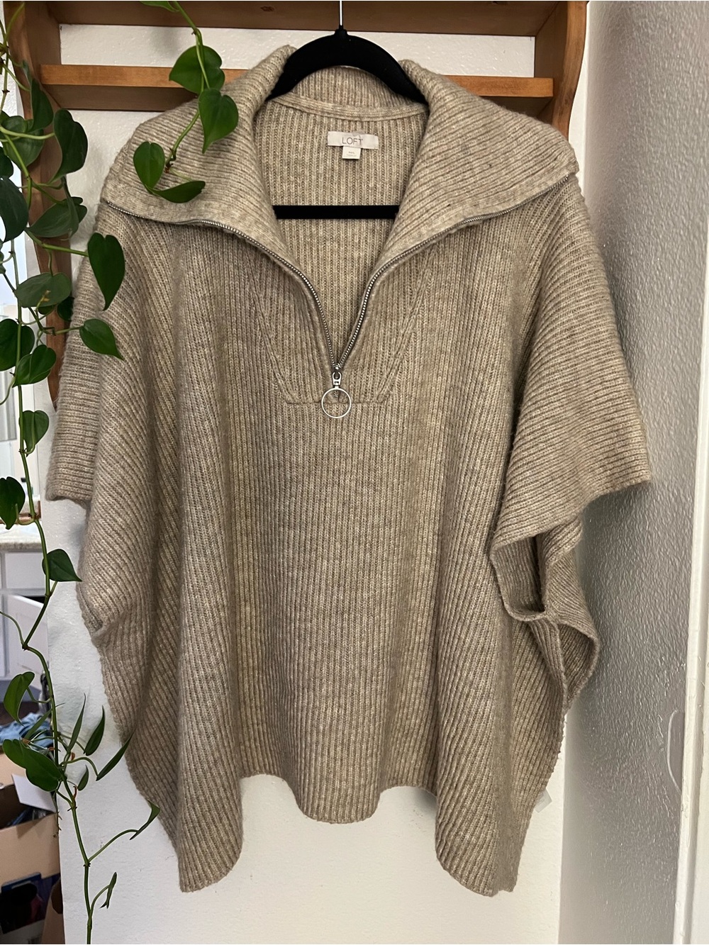 LOFT Taupe Ribbed Half-Zip Poncho Sweater